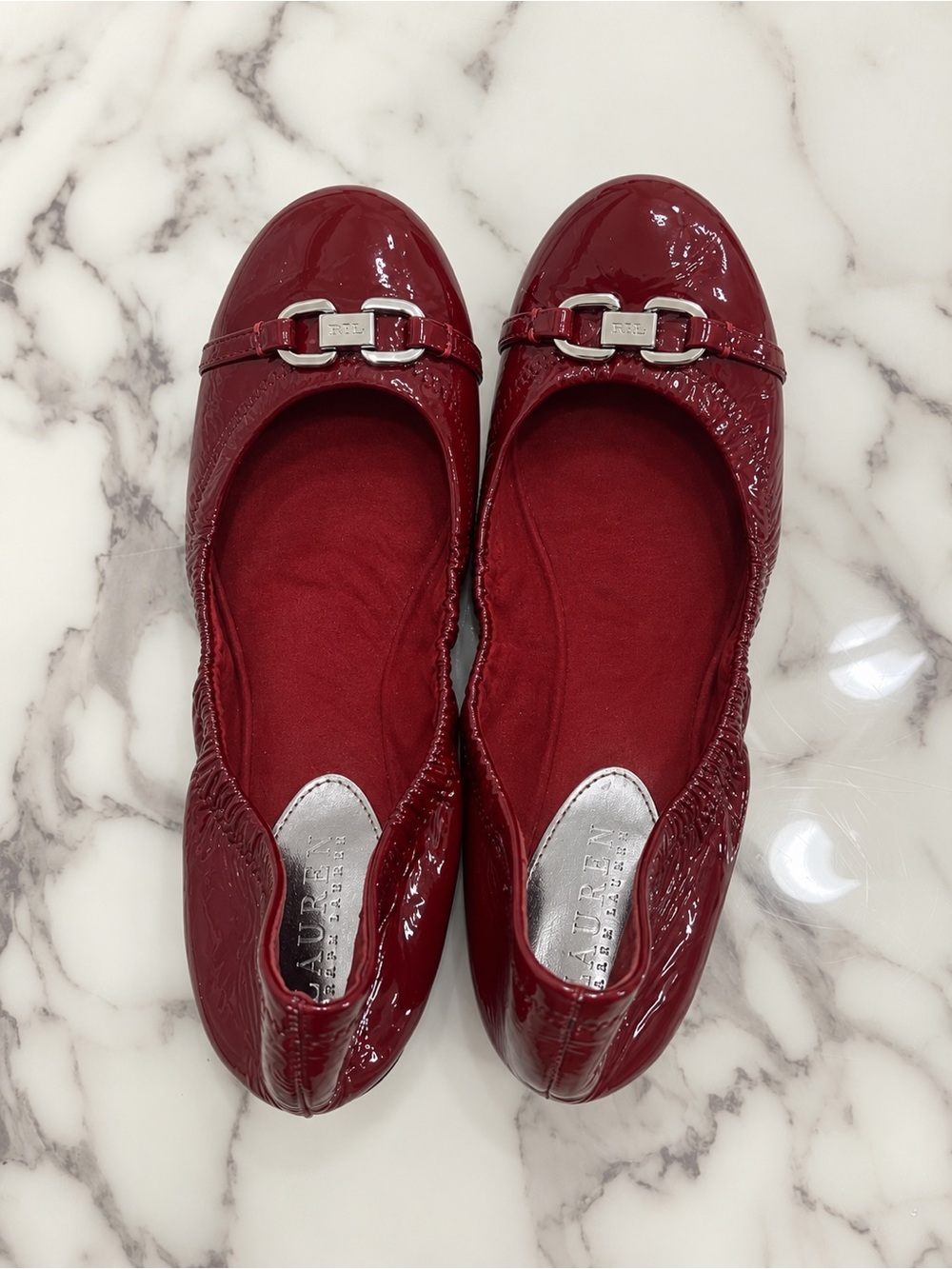 Lauren Ralph Lauren Burgundy Patent Leather Ballet Flats with Silver Hardware